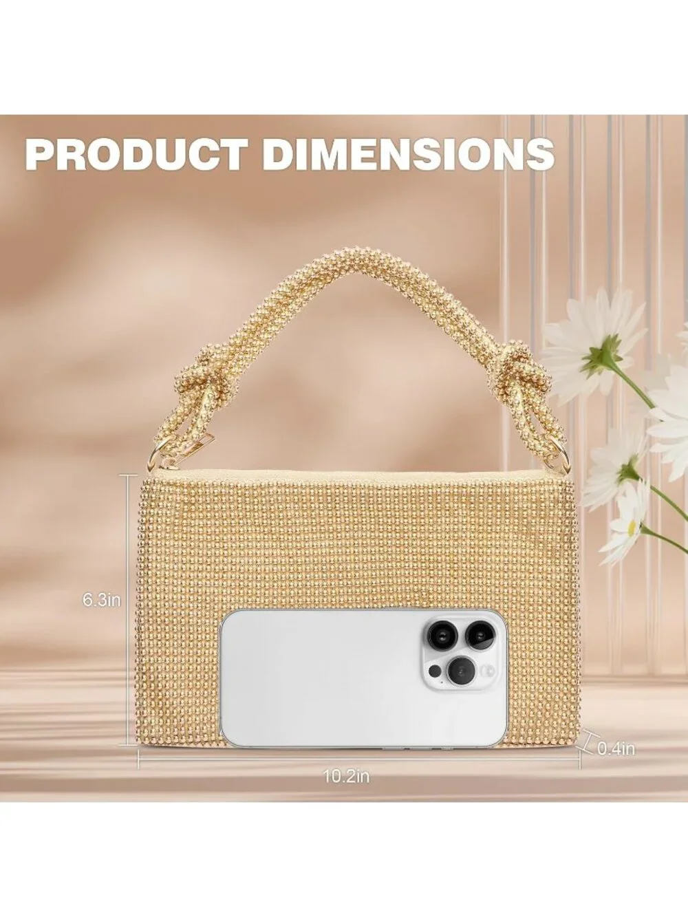 Women’s Gold Beads Rhinestone Mesh Clutch Evening Handbag Wedding Party Purse